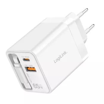 LogiLink USB-A/C Charger 65 W GaN 3-Port White with USB-C Cable
