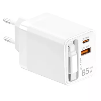 LogiLink USB-A/C Charger 65 W GaN 3-Port White with USB-C Cable