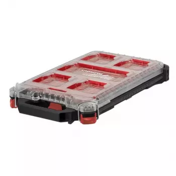 Milwaukee PACKOUT Slim Organizer Medium 8277387 - IP65 Water & Dust Resistant, 10 Removable Bins, Clear Polycarbonate Lid, Metal Reinforced Latches, Red/Black