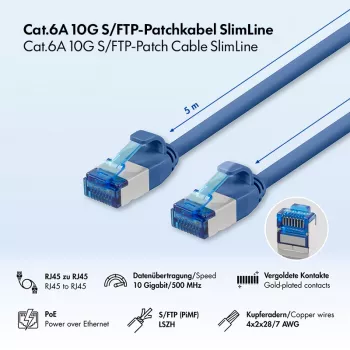LogiLink Cat.6A Slim S/FTP LSZH Patch Cable, Blue, 5 m, SlimLine