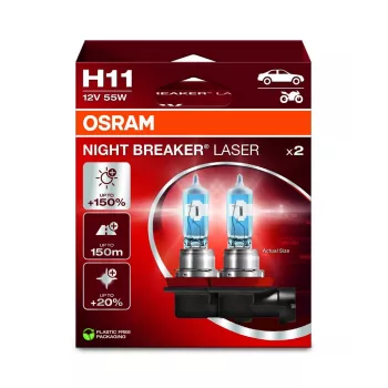 OSRAM NIGHT BREAKER LASER H11 Halogen Bulb Twin Pack 12V 55W PGJ19-2, Up to 150% Brighter, 150m Longer Beam, 3900K