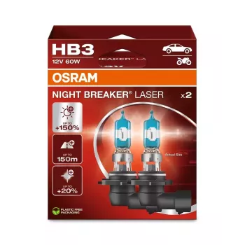 OSRAM Night Breaker Laser HB3 12V 60W P20d Halogen Bulb, Twin Pack, Up to 150% Brighter, 150m Longer Beam, 20% Whiter Light