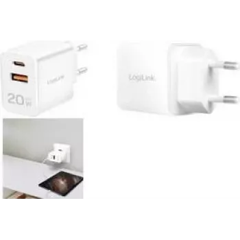 LogiLink PA0369 GaN 20W USB Wall Charger, 1x USB-C PD + 1x USB-A QC, White