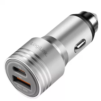 LogiLink USB Car Charger, 2 Port, 20W Fast Charging, Silver