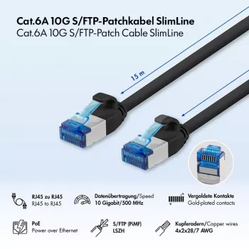 LogiLink Cat.6A Slim S/FTP LSZH Patch Cable, Black, 15 m, SlimLine
