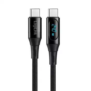 LogiLink USB 2.0 Type-C Cable with Power Display, C/M to C/M, 480 Mbps, 240W PD 3.1, Nylon Braided, Black, 1 m