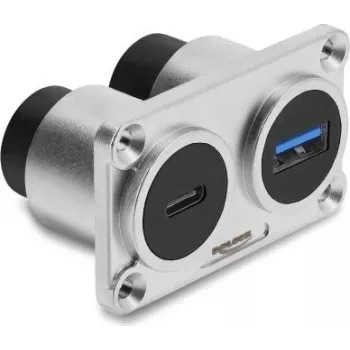 Delock Dual Panel Mount USB 3.2 Gen 1 Type-A Female + USB 3.2 Gen 2 Type-C Female with 100 W Power Delivery, Silver