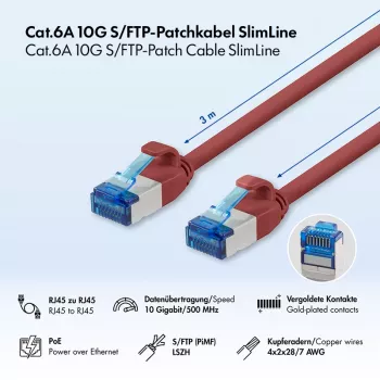 LogiLink SlimLine Cat.6A S/FTP LSZH Patch Cable, Red, 3m, 10Gbps