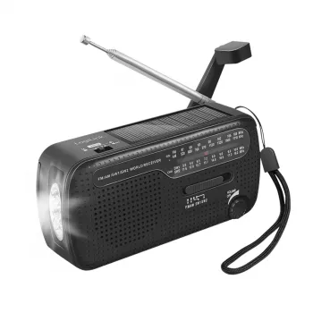 LogiLink Dynamo Hand Crank Radio with Solar Panel, AM/FM, USB-C Charging, LED Flashlight, SOS Alarm, Power Bank, Black
