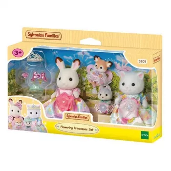 EPOCH Sylvanian Families Flower Princesses Figure Set – 3 Posable Collectible Figures with Dresses, Tiaras, and Accessories