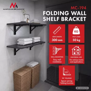MACLEAN MC-194 Folding Wall Shelf Bracket, Pair, White, Steel, 60 kg Load, 300 mm Arm
