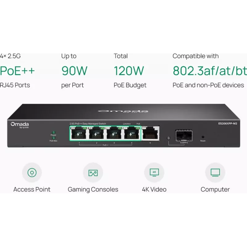TP-Link Omada Easy Managed 5-Port 2.5G PoE++ Switch with 10G SFP+ Uplink (ES206XPP-M2)