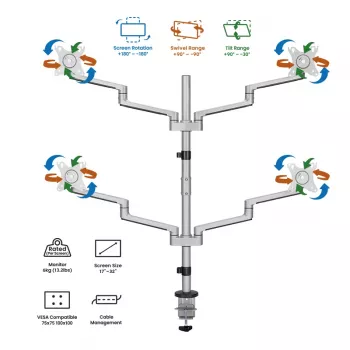 Logilink Quad Monitor Mount, 17-32 Inch, Aluminum, Silver