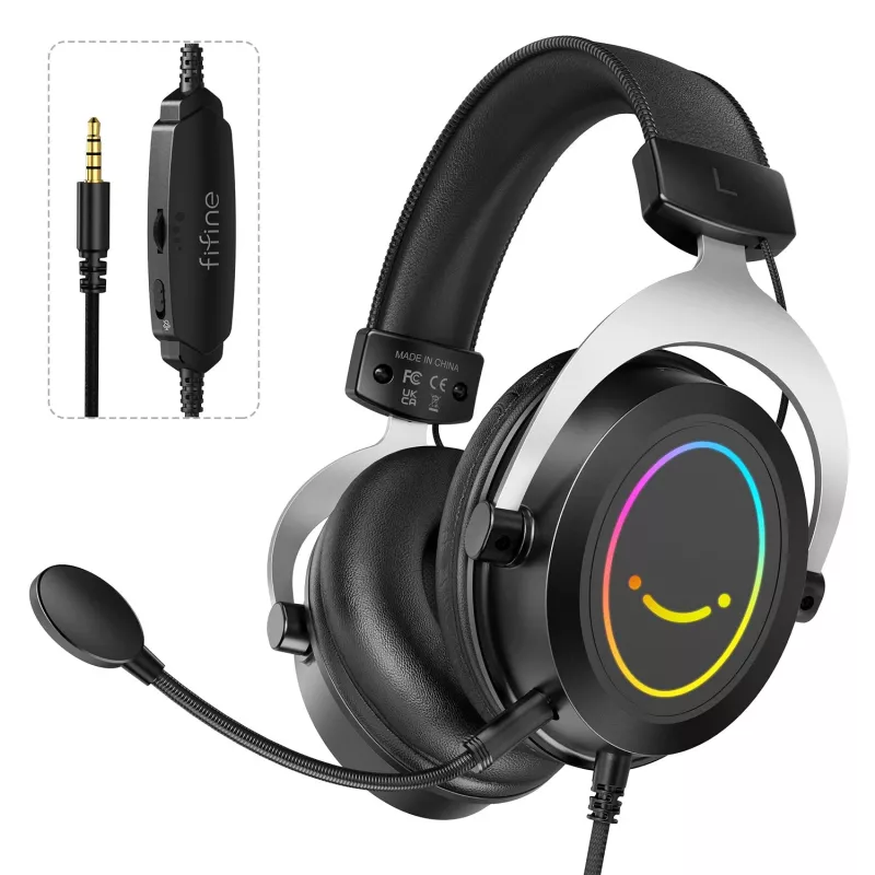 FIFINE H3 AmpliGame RGB Wired Over-Ear Gaming Headset with Detachable Microphone, 50mm Drivers, USB-A, Black