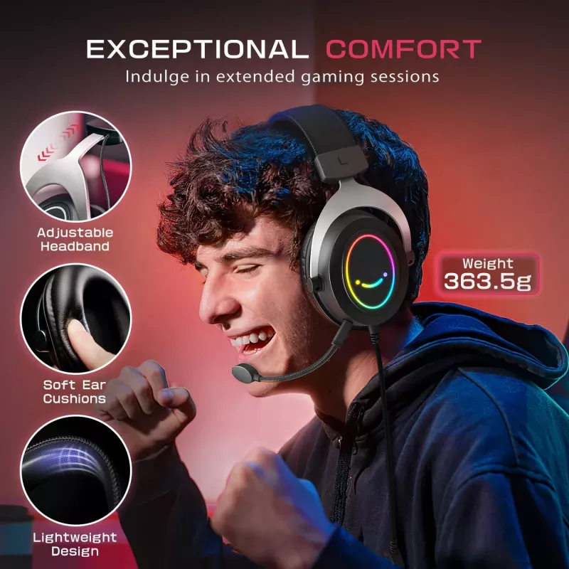 FIFINE H3 AmpliGame RGB Wired Over-Ear Gaming Headset with Detachable Microphone, 50mm Drivers, USB-A, Black