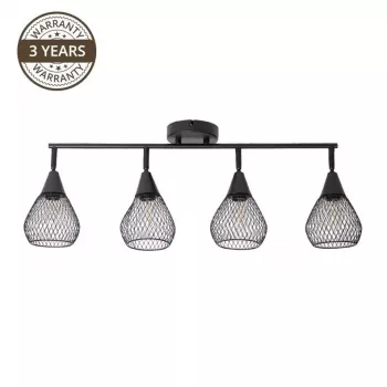 Bistro 4-Light Matte Black E14 Ceiling Spot Light, 40W Max per Head, 220-240V, Dimmable, Adjustable Directional Heads, Industrial Vintage Style