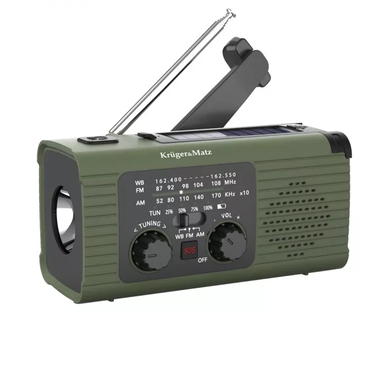 KM0836 Solar Emergency Radio with SOS Alarm, 5000mAh Power Bank, LED Flashlight and Hand Crank Dynamo, FM/AM, Black