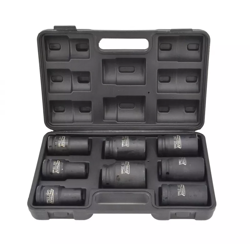 AWTOOLS AW38855 3/4-Inch Drive Deep Impact Socket Set, 8-Piece Metric, 24-41mm, Cr-Mo, 6-Point, Long Length, Black Phosphate, DIN 3121, in Blow-Molded Case