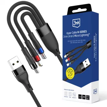 3mk Hyper Cable N-SERIES 3 in 1 USB-A to USB-C/Lightning/MicroUSB 1.2m 9V/2A 18W Black
