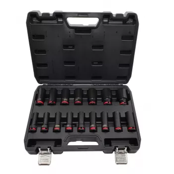 AWTOOLS 16-Piece 1/2-Inch Drive Long Impact Socket Set, 10-32 mm, Cr-Mo, Black Phosphate, with Case - Black Line