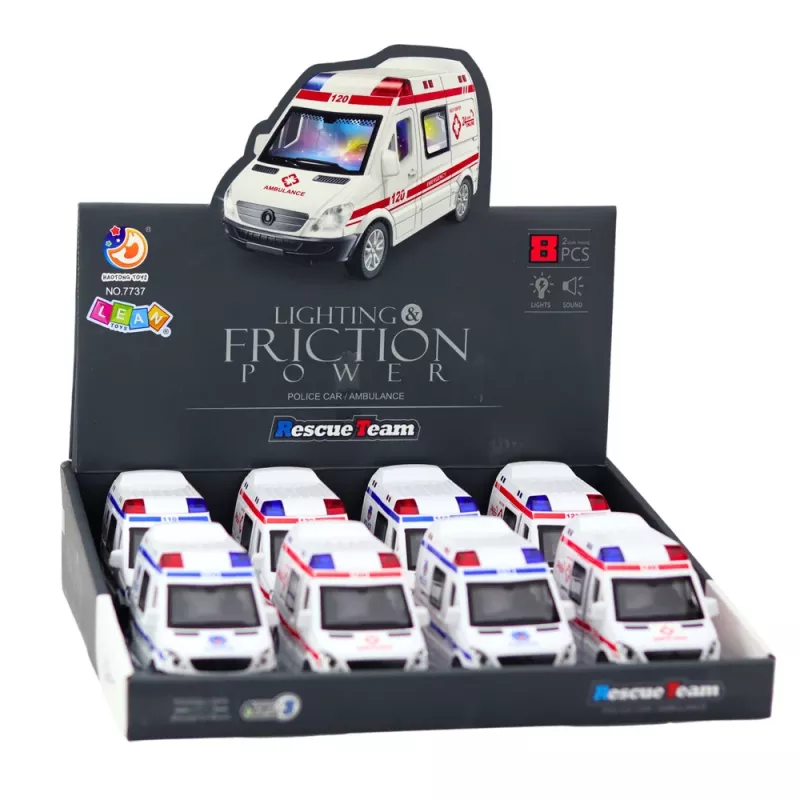 LEAN TOYS Police Car and Ambulance Friction-Powered Emergency Vehicles with Lights and Sounds, Opening Doors, Mixed Assortment