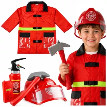 LEAN TOYS 158 Firefighter Costume Set with Helmet, Fire Extinguisher, Crowbar – Red, One Size, Ages 3-8