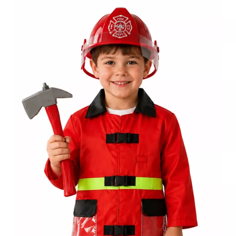LEAN TOYS 158 Firefighter Costume Set with Helmet, Fire Extinguisher, Crowbar – Red, One Size, Ages 3-8