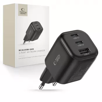 TECH-PROTECT NCA100W-GaN 3-Port GaN Wall Charger 100W PD 3.2 / QC3.0 Black