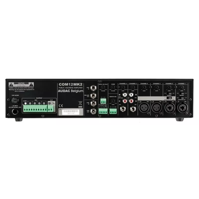 AUDAC COM12MK2 120W PA Mixer Amplifier with 100V/70V/4Ω Outputs, 2 Mic/3 Line Inputs, Priority & Phantom Power, 2U Rack Mount, Black