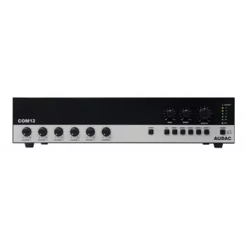 AUDAC COM12MK2 120W PA Mixer Amplifier with 100V/70V/4Ω Outputs, 2 Mic/3 Line Inputs, Priority & Phantom Power, 2U Rack Mount, Black