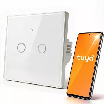 Qoltec 2-Channel Touch Smart Light Switch Wi-Fi Tuya Smart Life Tempered Glass White