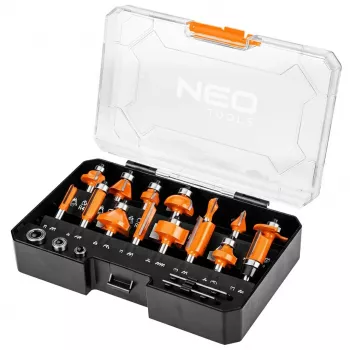 NEO TOOLS 15-Piece Tungsten Carbide Router Bit Set with 8 mm Shank in Wooden Case