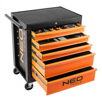 NEO TOOLS Workshop Cabinet, 5 Drawers + 117 Tools, Ball Bearing Slides, Central Lock, 400 kg Static Load, Black