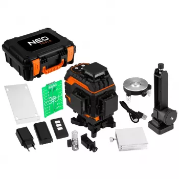NEO TOOLS 75-141 3D Laser Level, 16 Lines, Green Beam, Case, Target Plate, Magnetic Holder, Charger