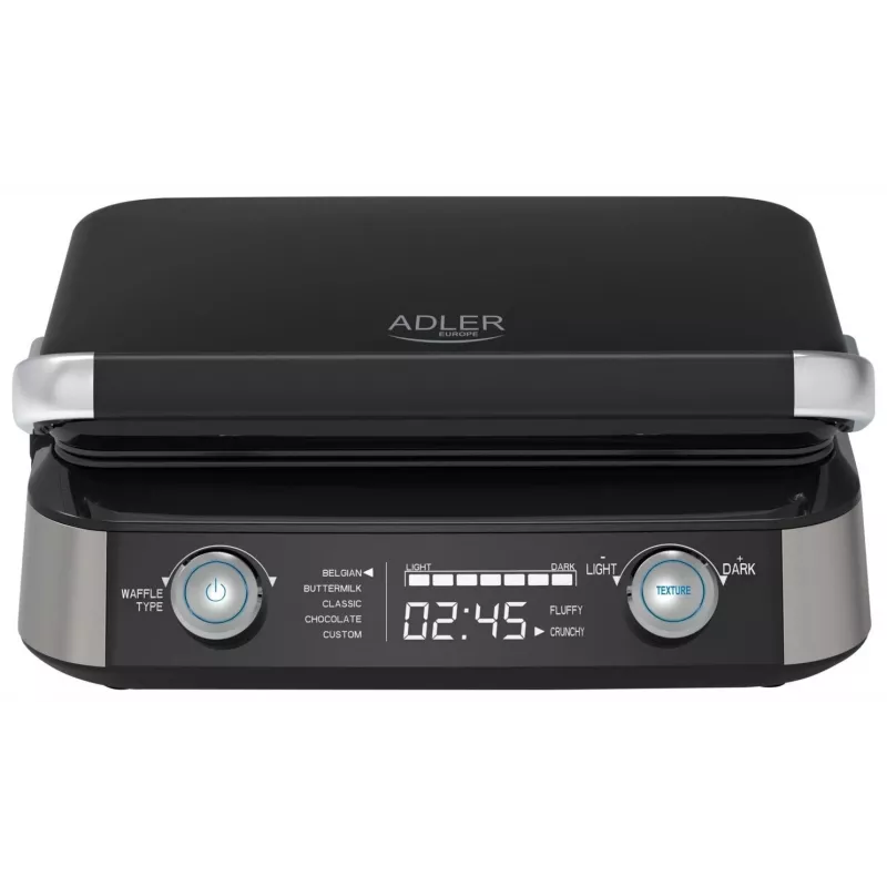 Adler AD 3084 Waffle Maker with LED Display, 5 Programs, 7 Browning Settings, 1600 W (max 2400 W), Non-Stick Plates, Black/Silver