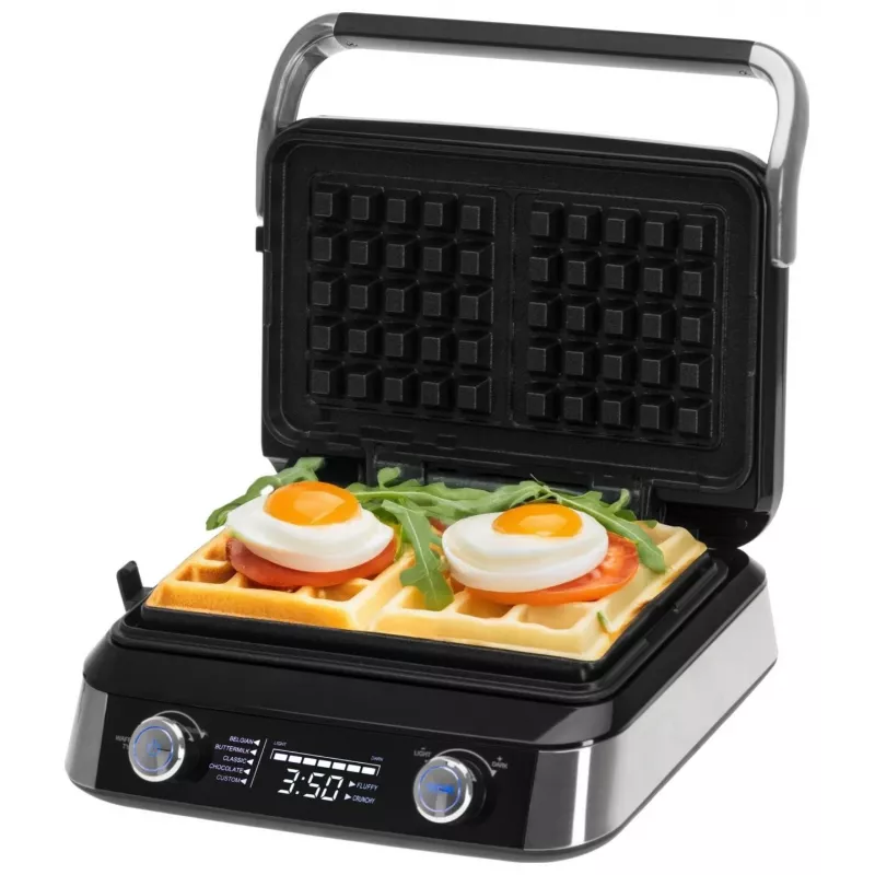 Adler AD 3084 Waffle Maker with LED Display, 5 Programs, 7 Browning Settings, 1600 W (max 2400 W), Non-Stick Plates, Black/Silver