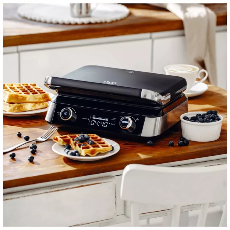 Adler AD 3084 Waffle Maker with LED Display, 5 Programs, 7 Browning Settings, 1600 W (max 2400 W), Non-Stick Plates, Black/Silver