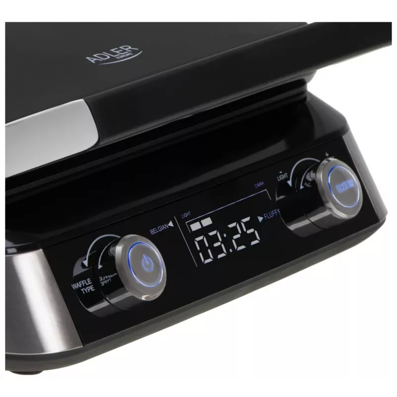 Adler AD 3084 Waffle Maker with LED Display, 5 Programs, 7 Browning Settings, 1600 W (max 2400 W), Non-Stick Plates, Black/Silver