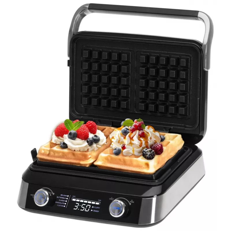 Adler AD 3084 Waffle Maker with LED Display, 5 Programs, 7 Browning Settings, 1600 W (max 2400 W), Non-Stick Plates, Black/Silver