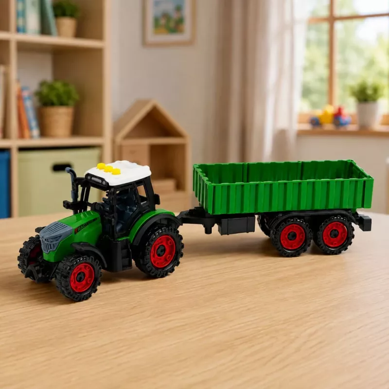 LEAN TOYS Farm Tractor with Agricultural Trailer Friction Drive Lights Sound 35cm