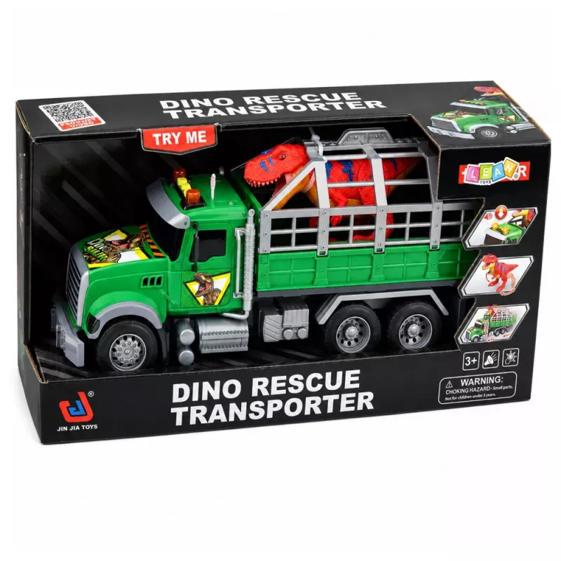 LEAN TOYS Transporter Truck with Cage T-Rex Dinosaur Figure Lights and Sounds 1:12