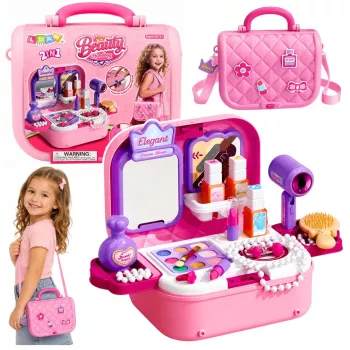 LEAN TOYS Portable 2-in-1 Beauty Set with Case, Mirror, Cosmetics, and Accessories, Pink