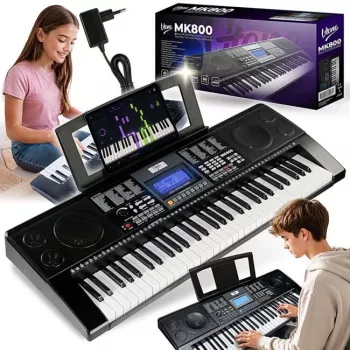 V-TONE MK800 Portable Educational Electronic Keyboard, 61 Touch-Sensitive Keys, 300 Tones, 300 Rhythms, 40 Demo Songs, LCD Display, USB MIDI, Headphone Out, Mic In, Sustain Pedal Input, 2x5W Speakers, Black