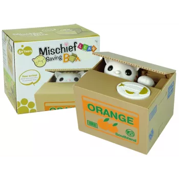 LEAN TOYS Mischief Saving Box Cute Kitty Money Box Piggybank - White Cat with Brown Box