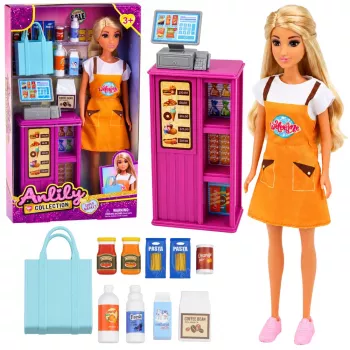LEAN TOYS Anlily Doll Cashier Saleswoman Cash Register Grocery Products Playset