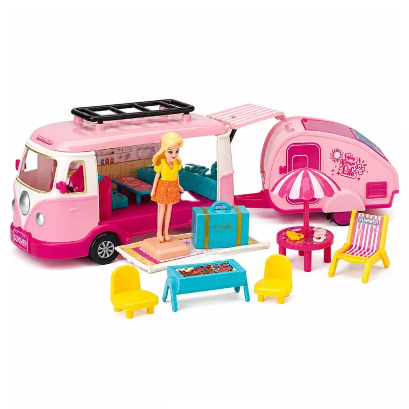 LEAN TOYS Travel Set Camper with Trailer Doll Furniture Accessories Pink
