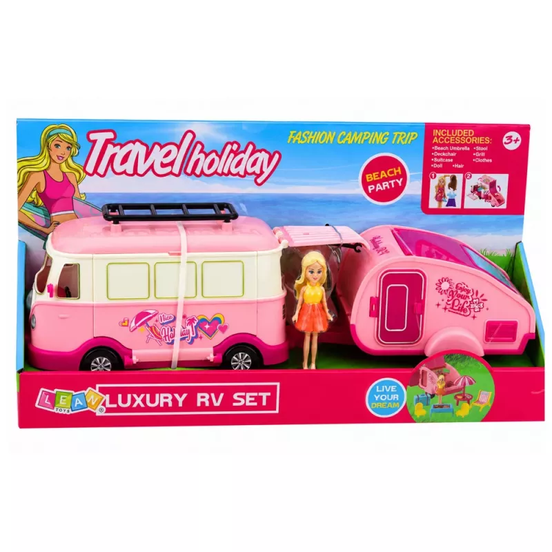 LEAN TOYS Travel Set Camper with Trailer Doll Furniture Accessories Pink
