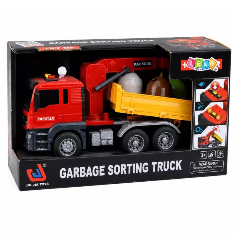 LEAN TOYS Truck Crane Garbage Sorting Containers Lights Sound Red