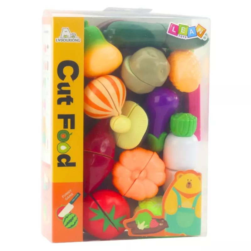 LEAN TOYS Wooden Vegetable Chopping Set with Board and Knife, 14-Piece Educational Pretend Play Food for Kids 3+