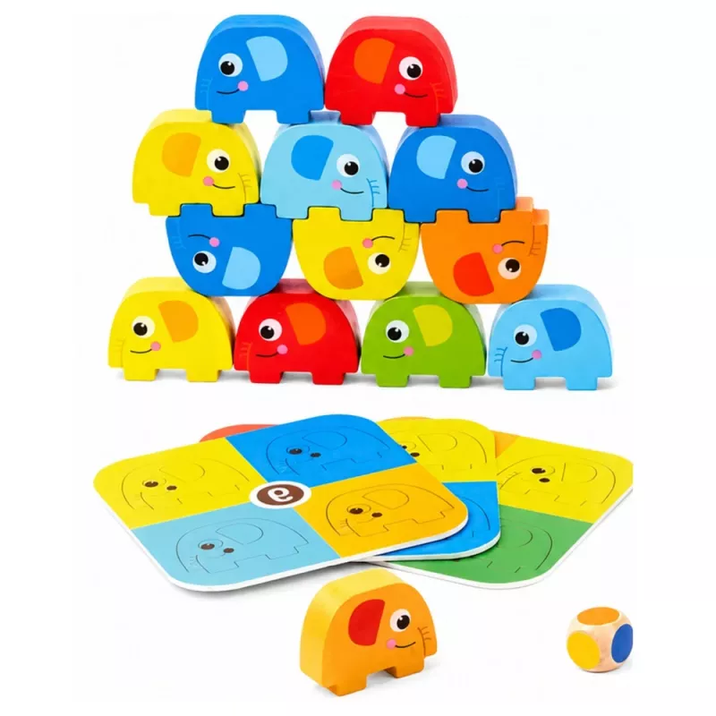LEAN TOYS Elephant Tower Skill Game Balancing Elephants Colored Cards 46 pcs
